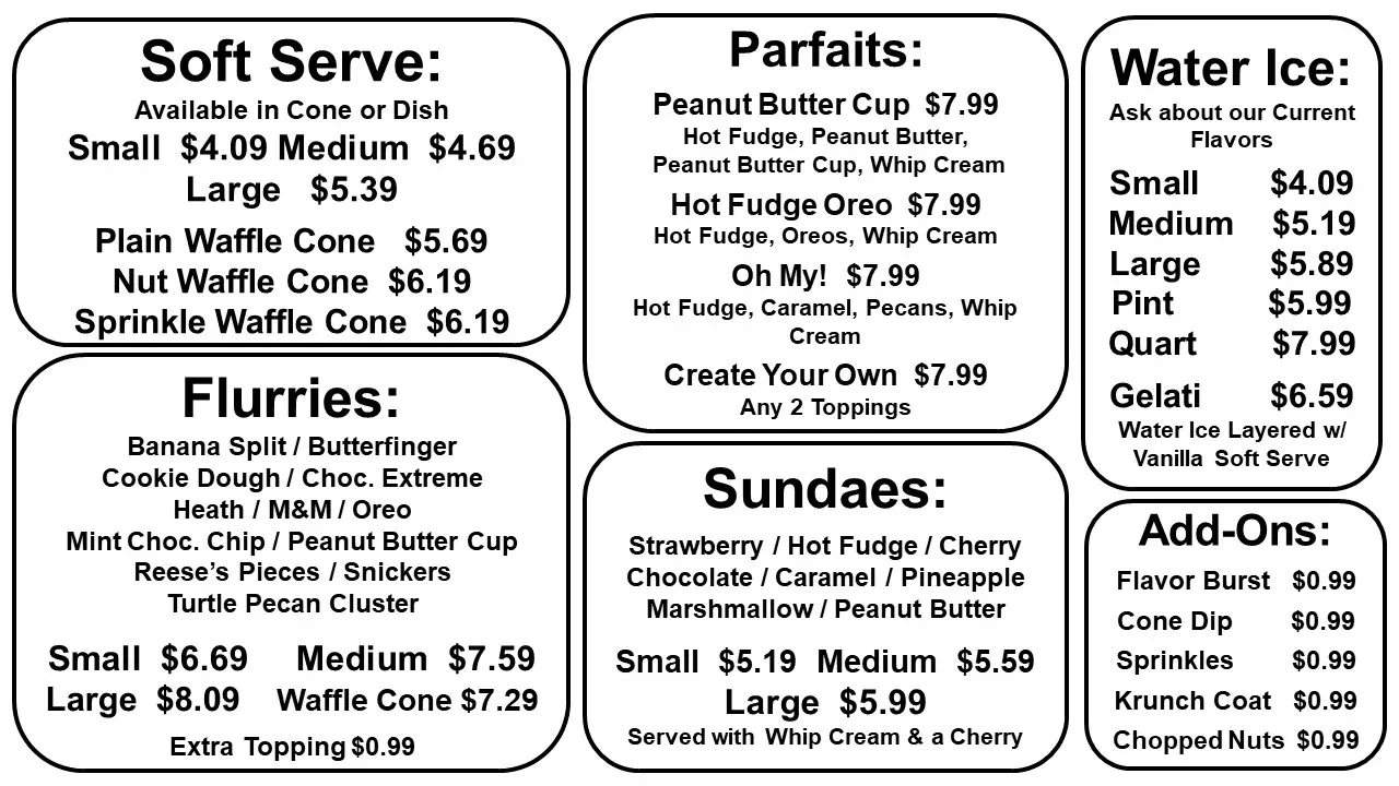 Old Bell’s Delites menu board: plain black text in white boxes, no photos