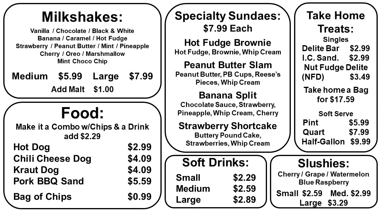 Old Bell’s Delites menu board 2: plain black text in white boxes, no photos